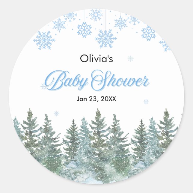 Adesivo Snowflakes Pine Trees Winter Baby Shower  (Frente)