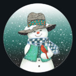 Adesivo Snowman sorridente, Cardeal num palheiro de neve<br><div class="desc">O boneco de neve resmungou no cardeal enquanto a neve caiu suavemente.</div>