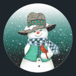 Adesivo Snowman sorridente, Cardeal num palheiro de neve<br><div class="desc">O boneco de neve resmungou no cardeal enquanto a neve caiu suavemente.</div>