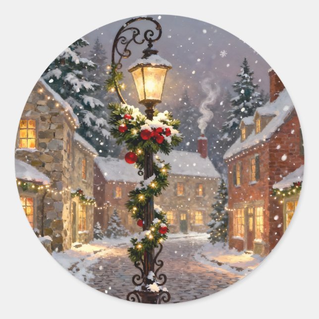 Adesivo Snowy Village Scene with Lamppost Sticker (Frente)