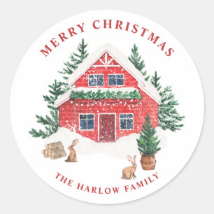 Adesivo Snowy Watercolor Red Cottage Feliz Natal