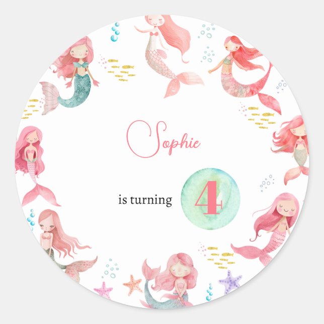 Adesivo Sob o mar aniversário de criança de Sereias (Frente)