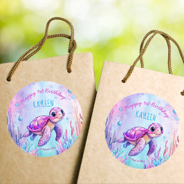Adesivo Sob o mar, doce tartaruga rosa, aniversário roxo