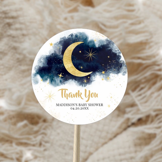 Adesivo Sobre a Lua Dourada Estrelas Chá de fraldas Azul (Over the Moon Gold Stars Blue Baby Shower Sticker)