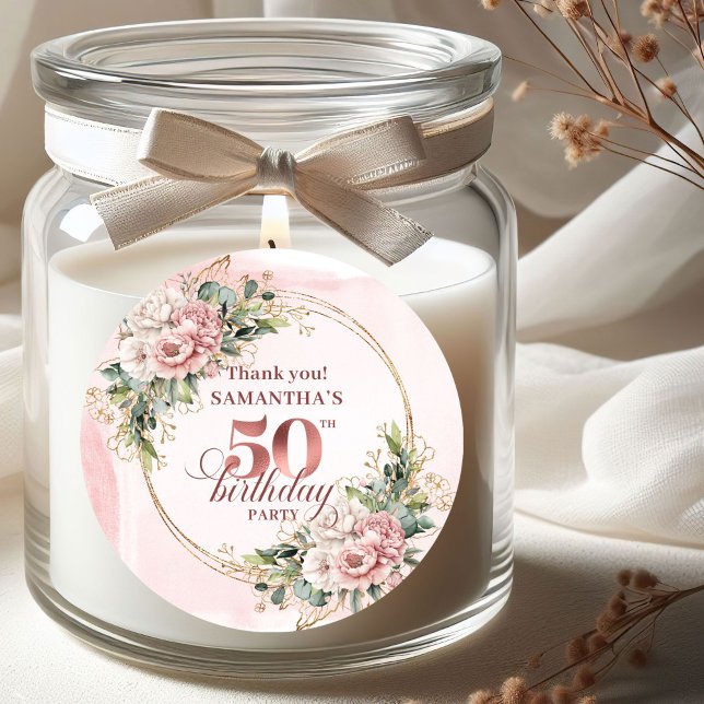 Adesivo Soft Blush Rose Gold Botanical 50th Birthday Label (Soft Blush Rose Gold Botanical 50th Birthday Stickers)