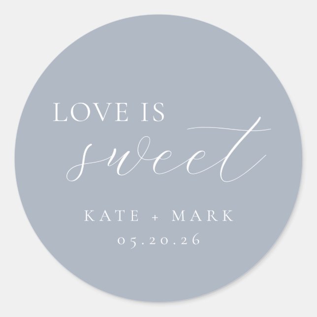 Adesivo Soft Dusty Blue Love Is Sweet Wedding Favor (Frente)