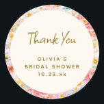 Adesivo Soft Pastel Watercolor Floral Bridal Shower<br><div class="desc">This bridal shower sticker features a lush watercolor floral border in soft pastel pink, peach, lavender, and blush blooms surrounding a cream center with "Thank You" in an elegant handwritten script. The bride's name, event, and date make it a personal, coordinated finishing touch for favors, gift bags, or envelope seals....</div>