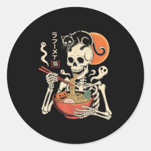 Adesivo Soky Skeleton Comendo Ramen Bowl Com Cat Halloween