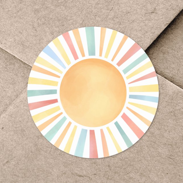 Adesivo Sol Colorido Aquarela Sol (Sunshine Colorful Watercolor Sun Classic Round Sticker)