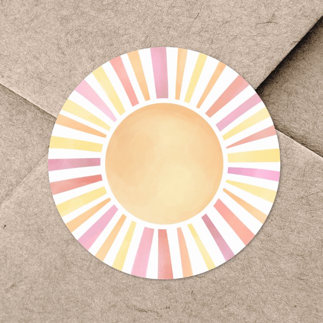 Adesivo Sol Cor d'água Cor Rosa Sol (Sunshine Watercolor Pink Sun Classic Round Sticker)