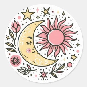 Adesivo Sol Lua Floral Cor-de-Rosa Amarelo-Amarelo Astroló