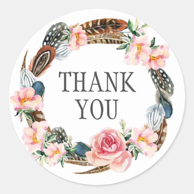 Adesivo Solha Floral de Aquarela com Penas | Obrigado (Frente)