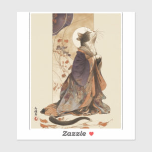 Adesivo "Sonho de Outono" Gato Japonês em Quimono Arte