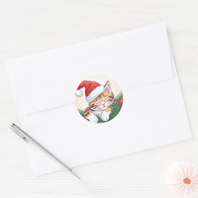 Adesivo Sonhos de Natal - Gatinho Dormindo em Santa Hat (Envelope)
