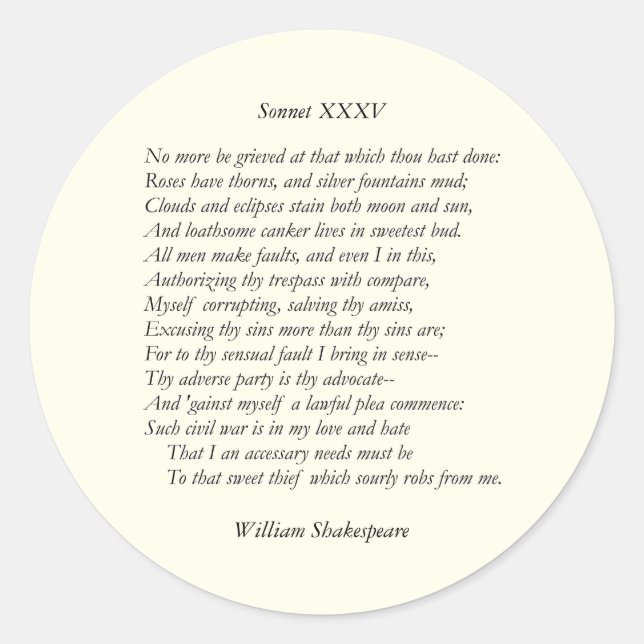 Adesivo Sonnet nº 35 por William Shakespeare (Frente)