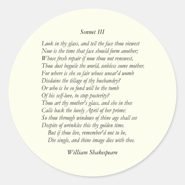 Adesivo Sonnet nº 3 de William Shakespeare (Frente)