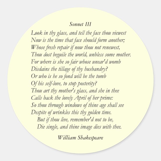Adesivo Sonnet nº 3 de William Shakespeare (Frente)