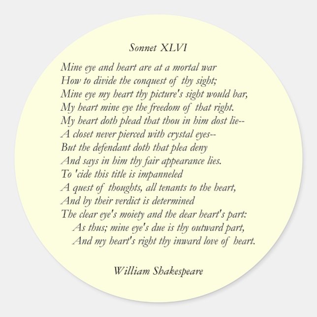 Adesivo Sonnet nº 46 por William Shakespeare (Frente)