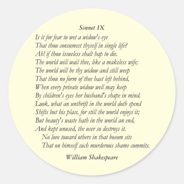 Adesivo Sonnet nº 9 de William Shakespeare (Frente)