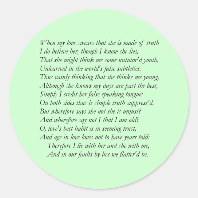 Adesivo Sonnet Número 138 de William Shakespeare (Frente)