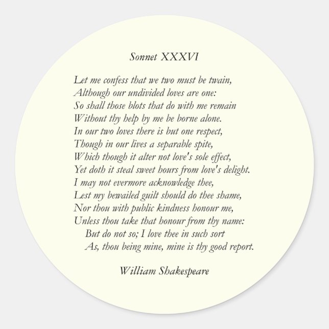 Adesivo Sonnet Número 36 de William Shakespeare (Frente)