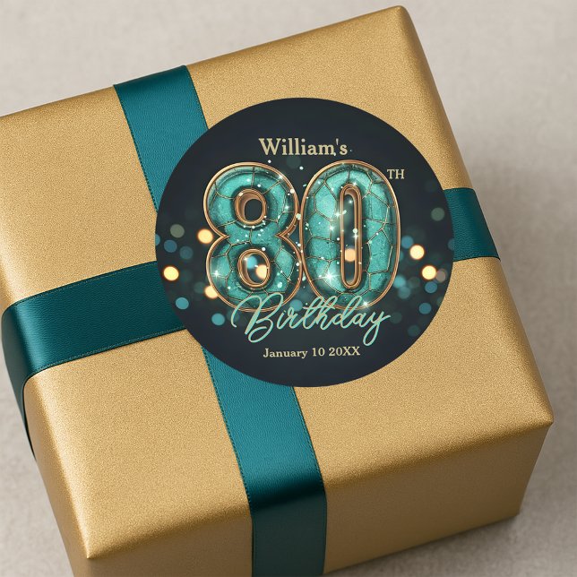 Adesivo Sophisticated Chic Teal and Gold 80th Birthday (Criador carregado)