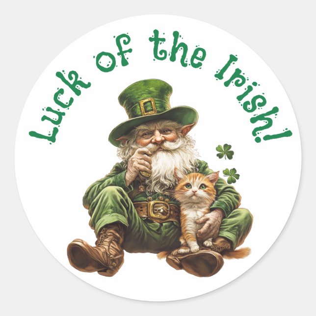 Adesivo Sorte do Irish Round Sticker Cat & Leprechaun (Frente)