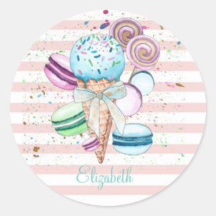 Adesivo Sorvete de aquarela,Macarons,Listras Rosa