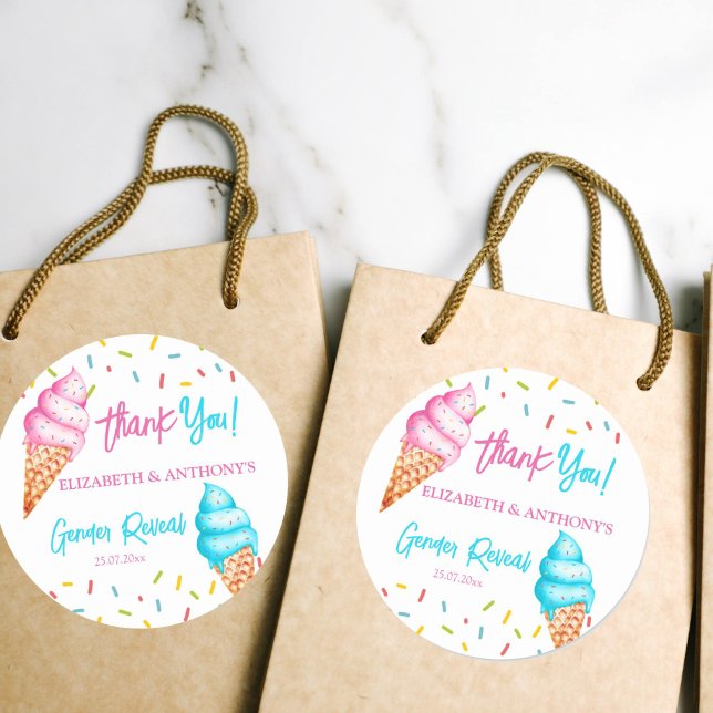 Adesivo Sorvete gênero revela obrigado (Ice cream gender reveal favor gift stickers pink and blue ice cream thank you stickers)