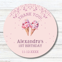 Sorvete Menina Rosa 1º Aniversário Obrigada