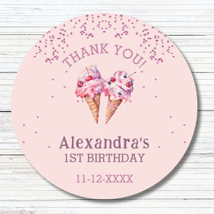 Adesivo Sorvete Menina Rosa 1º Aniversário Obrigada
