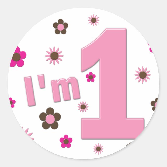 Adesivo "Sou 1" Flores Rosa e Castanho Aniversário (Frente)
