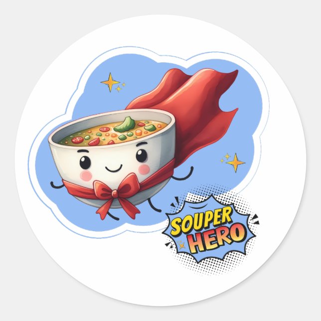 Adesivo Souper Hero, Super Hero Soup Pun | (Frente)