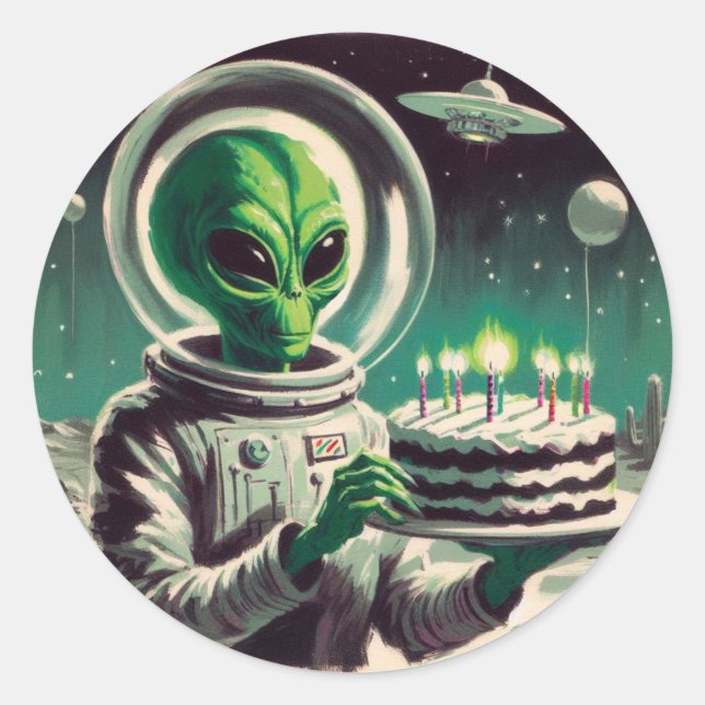 Adesivo Space Alien with Birthday Cake UFO Flying Saucer  (Frente)