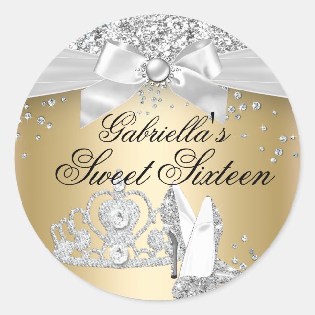 Adesivo Sparkle Tiara Heels Dourado Sweet 16 Sticker (Frente)