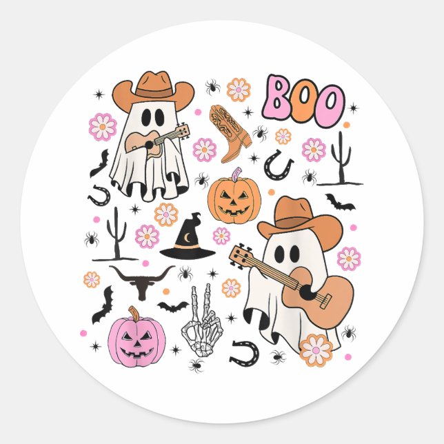 Adesivo Spooky Ghost Cowboy Cute Halloween Boo Western Ret (Frente)