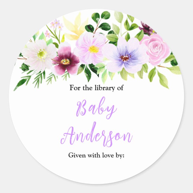 Adesivo Spring Purple Floral Baby Shower Bookplate (Frente)