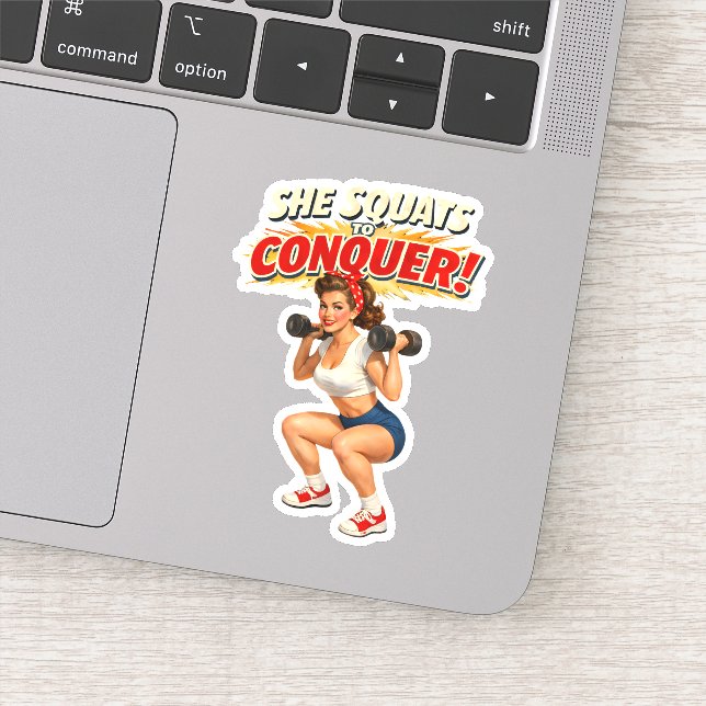 Adesivo Squats To Conquer -Funny Retro Fitness Pin-Up- Gym (Detalhe)