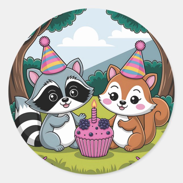 Adesivo Squirrel and Raccoon cute Birthday (Frente)