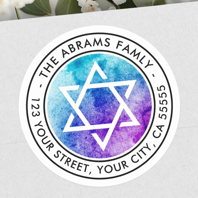 Adesivo Star of David Blue Watercolor (Star of David blue watercolor return address Classic Round Sticker)