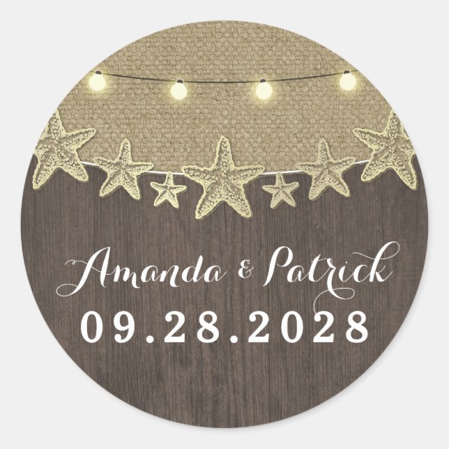 Adesivo Starfish Rustic Lights Beach Weding Favor (Frente)