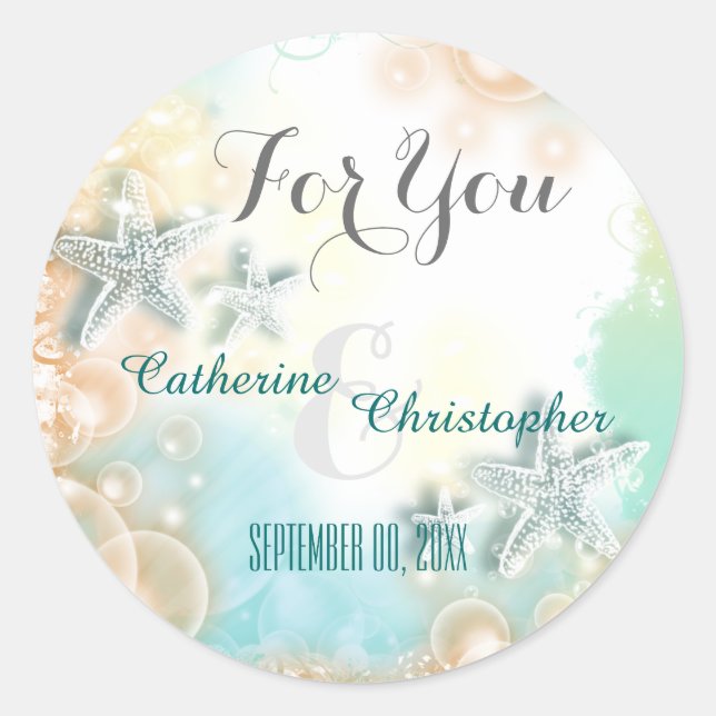 Adesivo Starfish, tema do casamento, favor "Por você" (Frente)