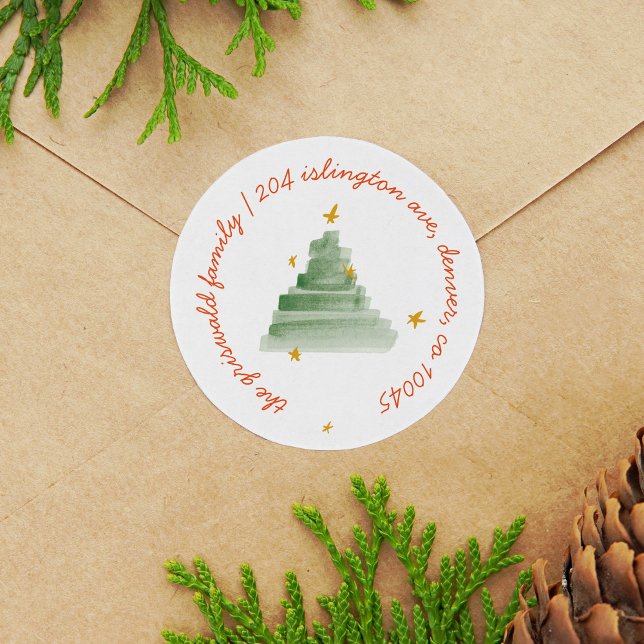 Adesivo Starlit Watercolor Tree Holiday Endereço de Devolu (Starlit watercolor Christmas tree return address label round stickers.)