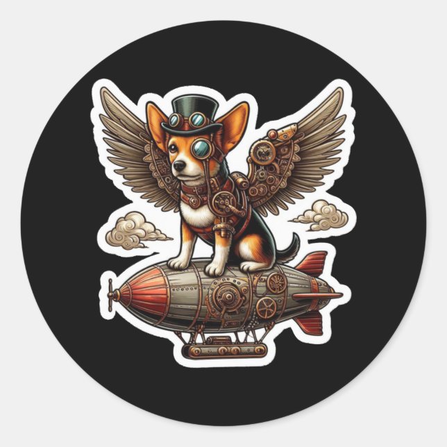 Adesivo Steampunk Corgi Adventure Sticker - Whimsical Flyi (Frente)