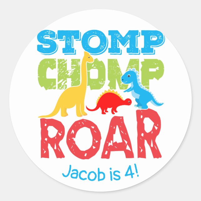 Adesivo Stomp Chomp Roar Cute Dinossaur Birthday Sticker (Frente)