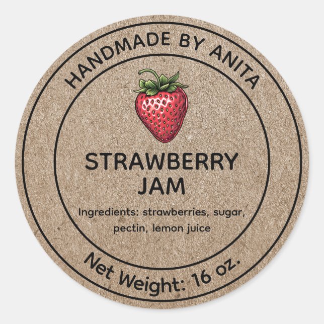 Adesivo Strawberry Jam Jelly Jar Label Kraft Estilo de Pap (Frente)