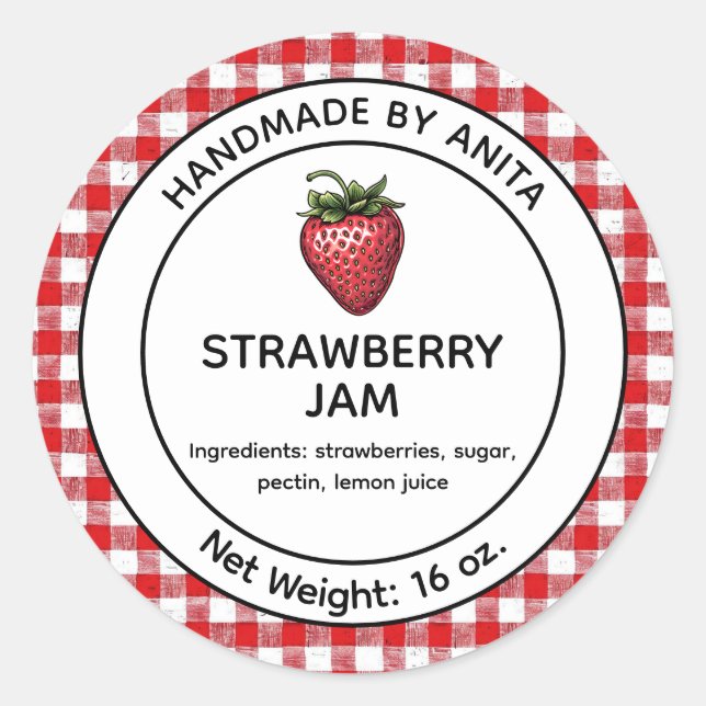 Adesivo Strawberry Jam Jelly Jar Label Xadrez Gingham (Frente)