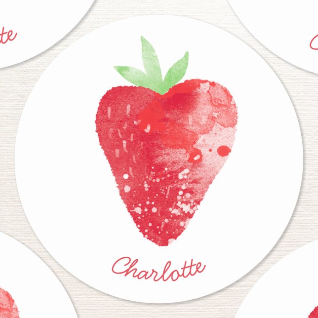 Adesivo Strawberry Watercolor Personalizada (Sweet watercolor strawberry fruit painting with modern script personalized name on a round sticker)