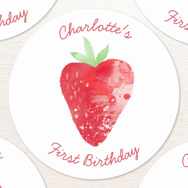 Adesivo Strawberry Watercolor Personalizada Primeiro Anive (Sweet strawberry watercolor personalized first birthday party sticker)