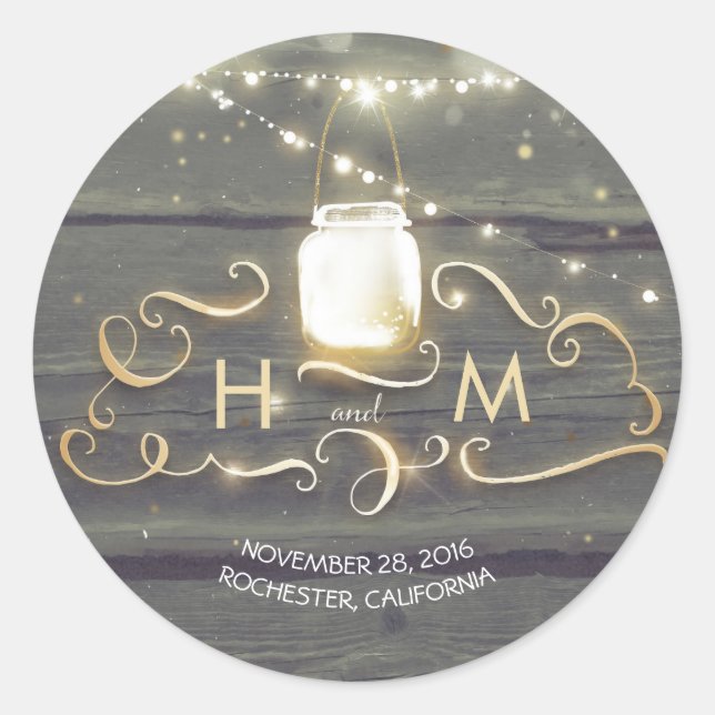 Adesivo String Lights Mason Jar Rustic Wood Initials (Frente)